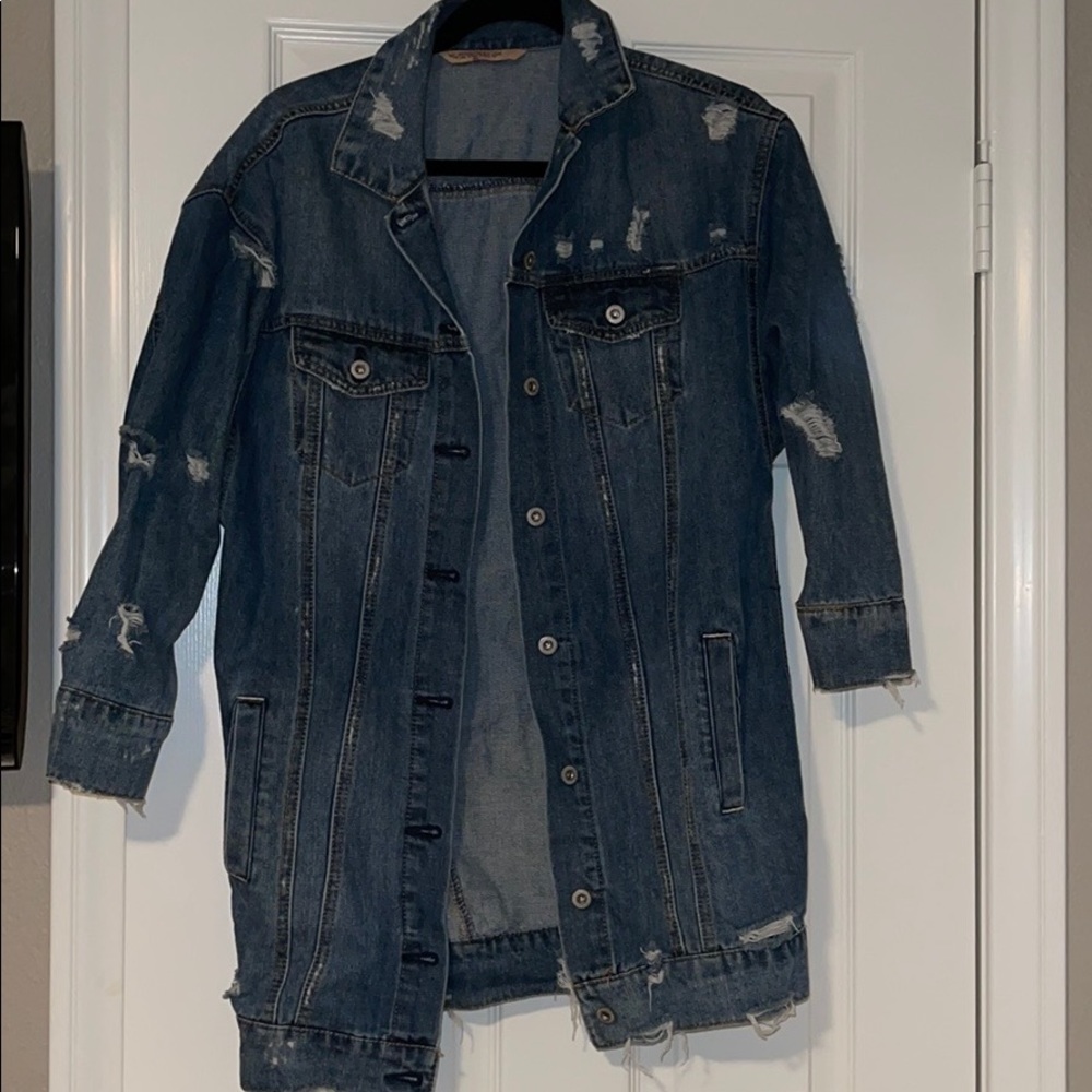 Distressed Mid Thigh Length Jean Jacket